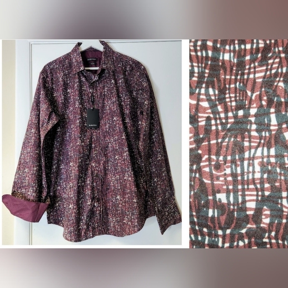 BUGATCHI Shaped Fit Abstract Button Down Shirt In Black Burgundy White Size M - Picture 2 of 16